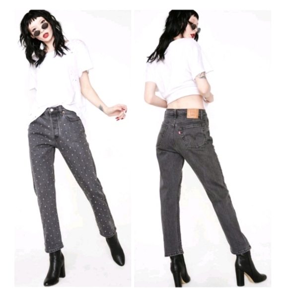 Levi's Denim - Levi's 501 Gray Studded Premium Denim Cropped Leg Jean Straight Leg Grunge Sz 25